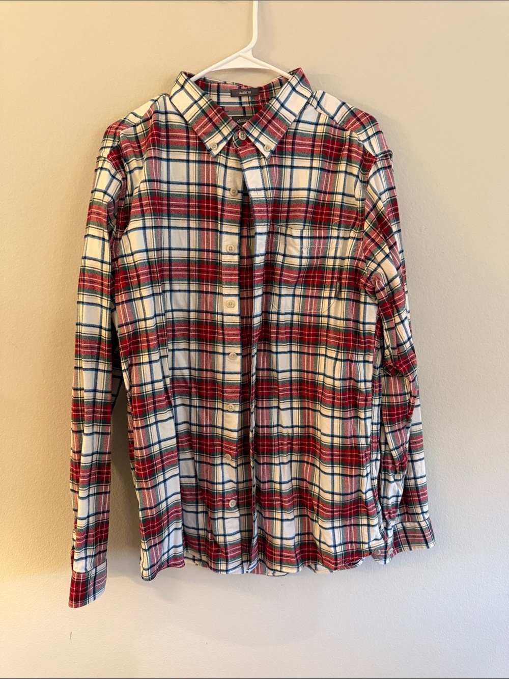 Eddie Bauer Men's Red & White Plaid Flannel Button-Down Casual Shirt